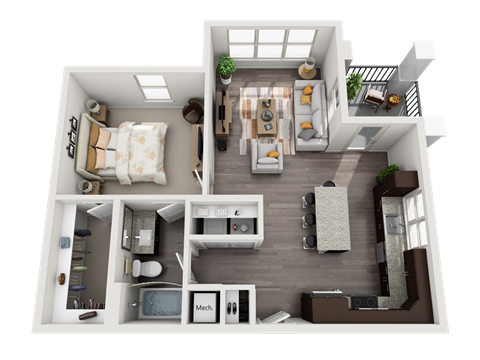 Floor plan for 1 bed, 1 bath, 775 sqft